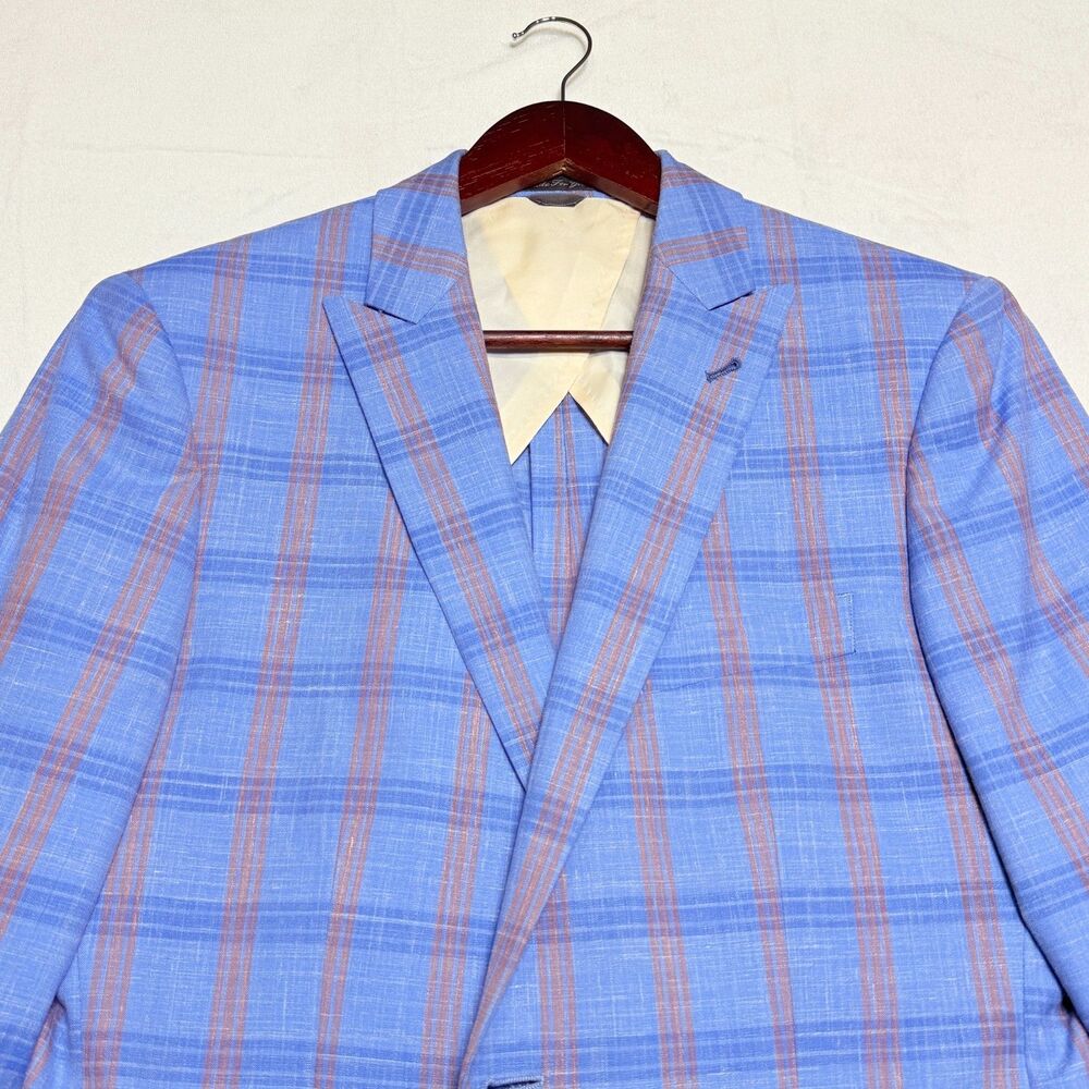 Indochino Sport Coat Men’s Blue Windowpane Wool Linen Silk Blazer 40R peak lapel